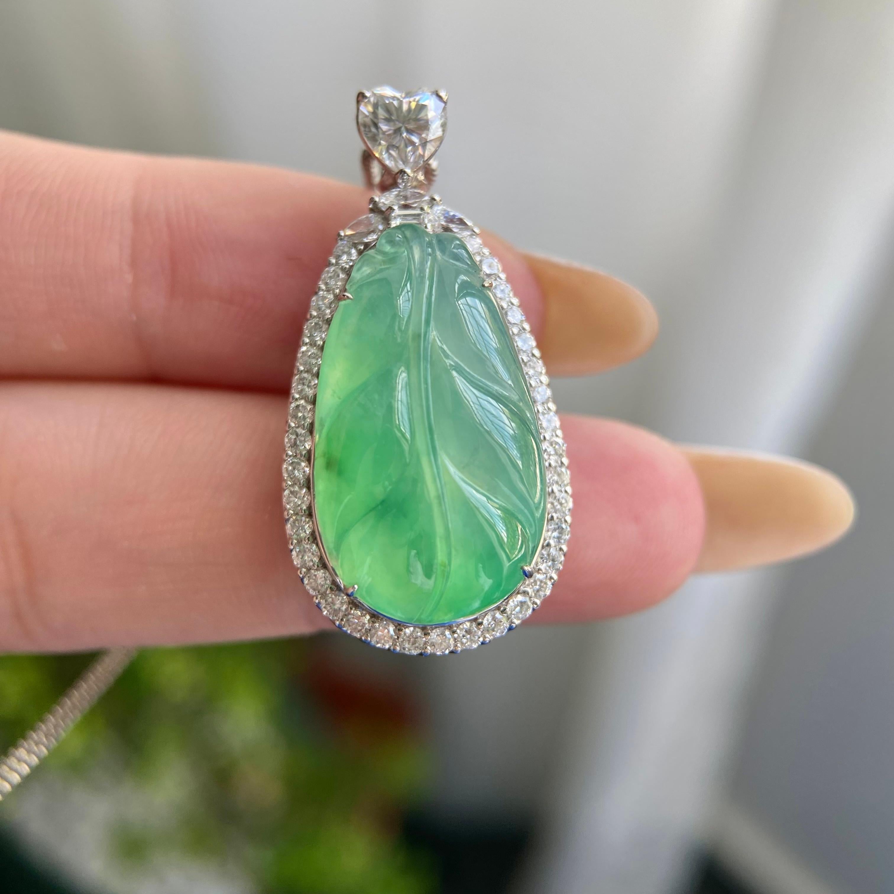 18k金钻镶冰种飘花玉叶吊坠（yc217131）