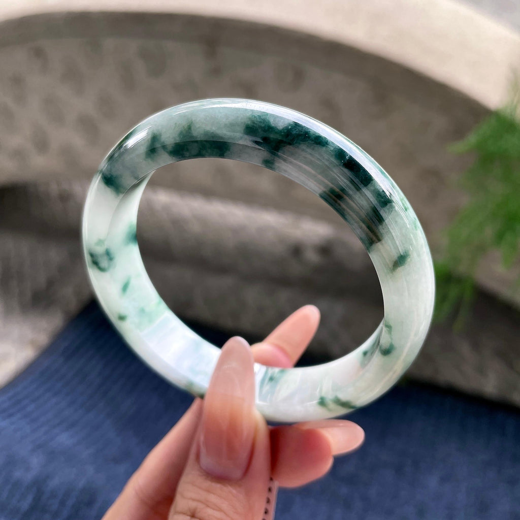 糯种蓝飘花正圈平安镯 57圈口 天然缅甸A货翡翠（yc530797）