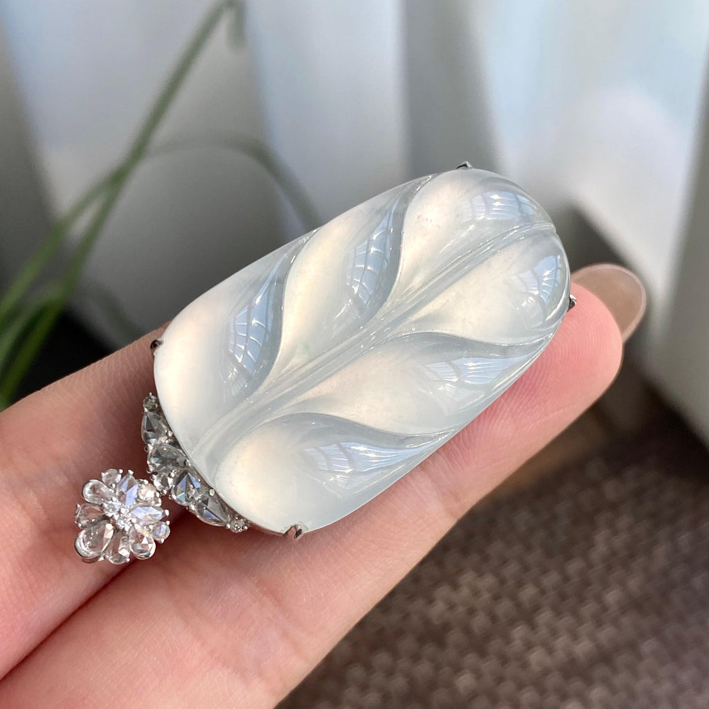 18k金钻镶冰种白月光玉叶吊坠（yc266179）