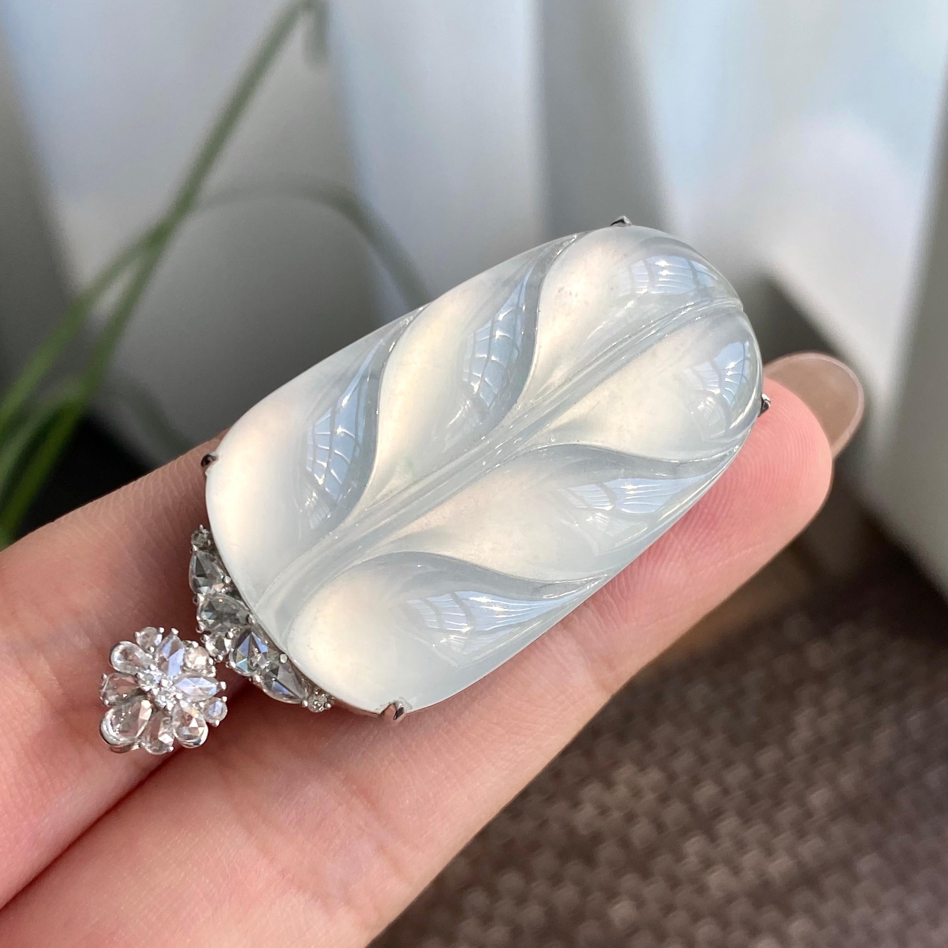 18k金钻镶冰种白月光玉叶吊坠（yc266179）