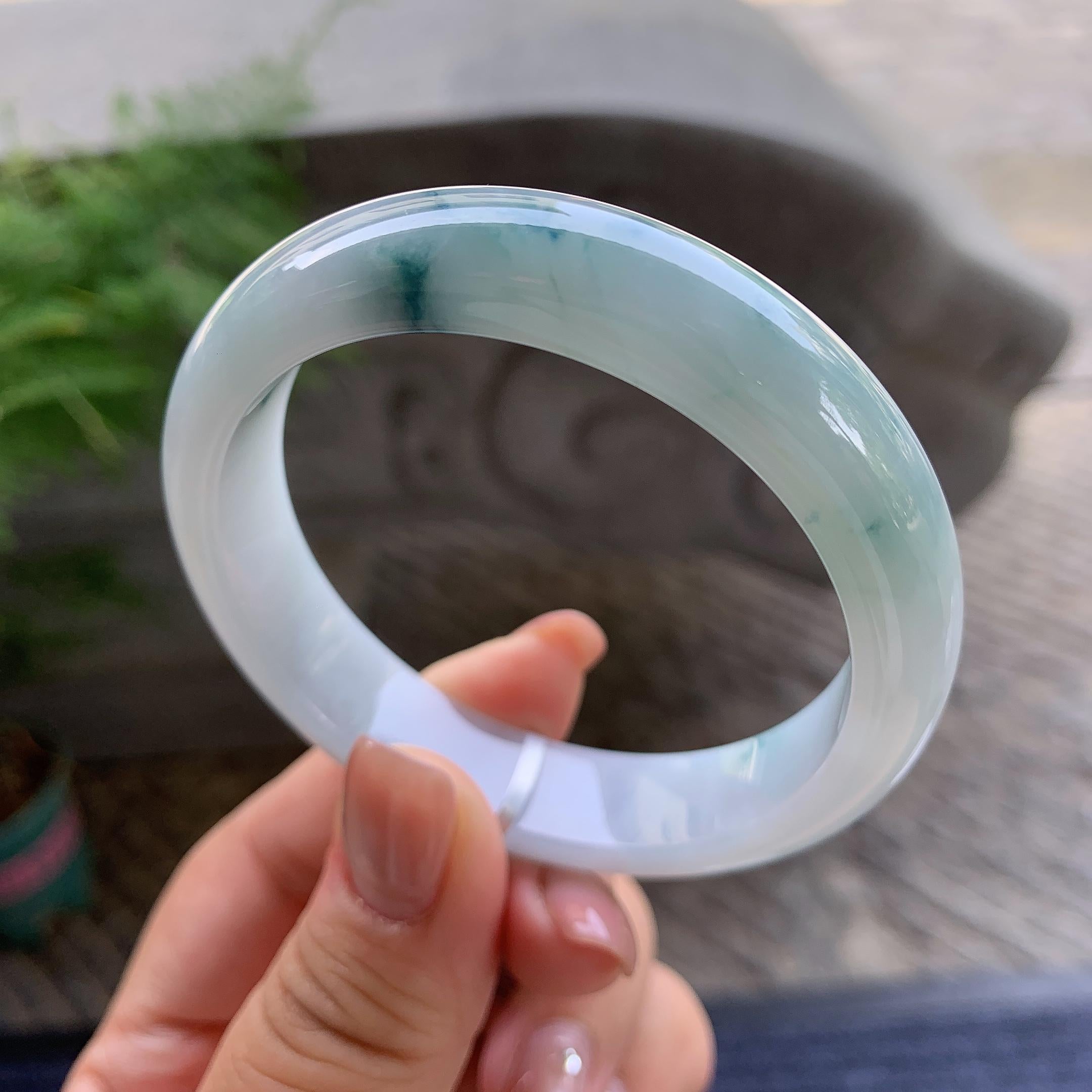 细糯种飘蓝花正圈平安镯 55圈口 天然缅甸A货翡翠（yc501360）