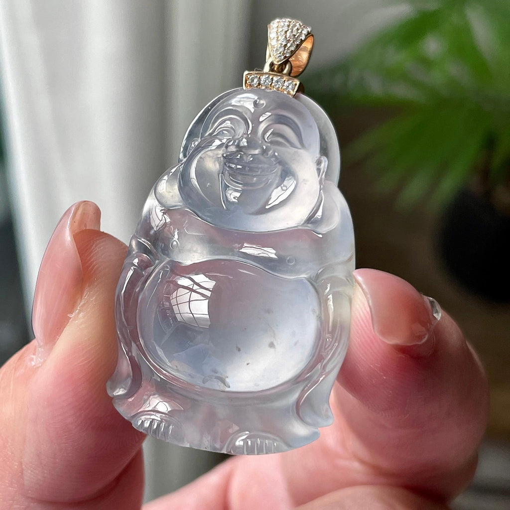 18K金钻镶冰种雪花棉佛公吊坠 天然缅甸A货翡翠（yc522681）