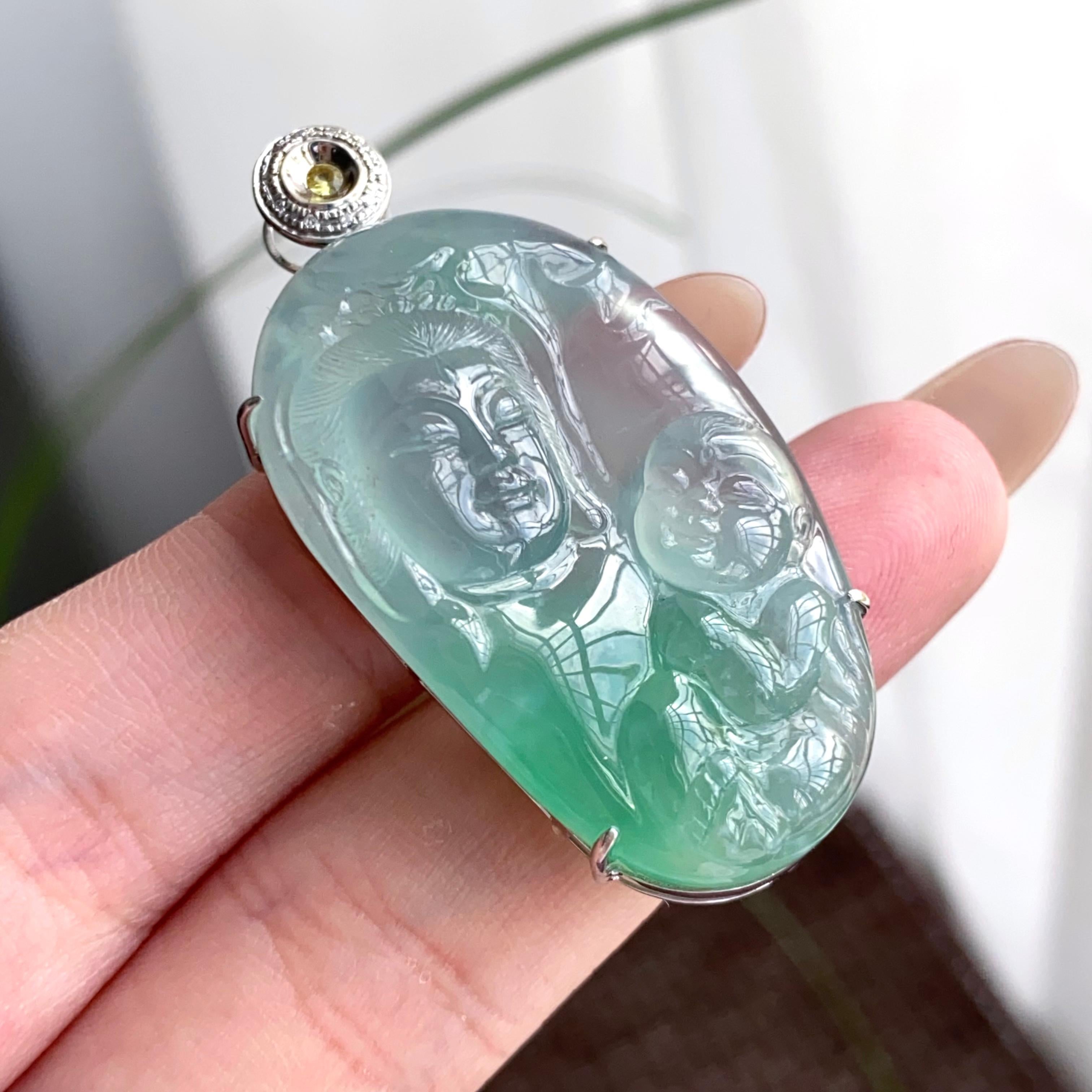 18k金钻镶冰种飘花送子观音吊坠（yc250320）