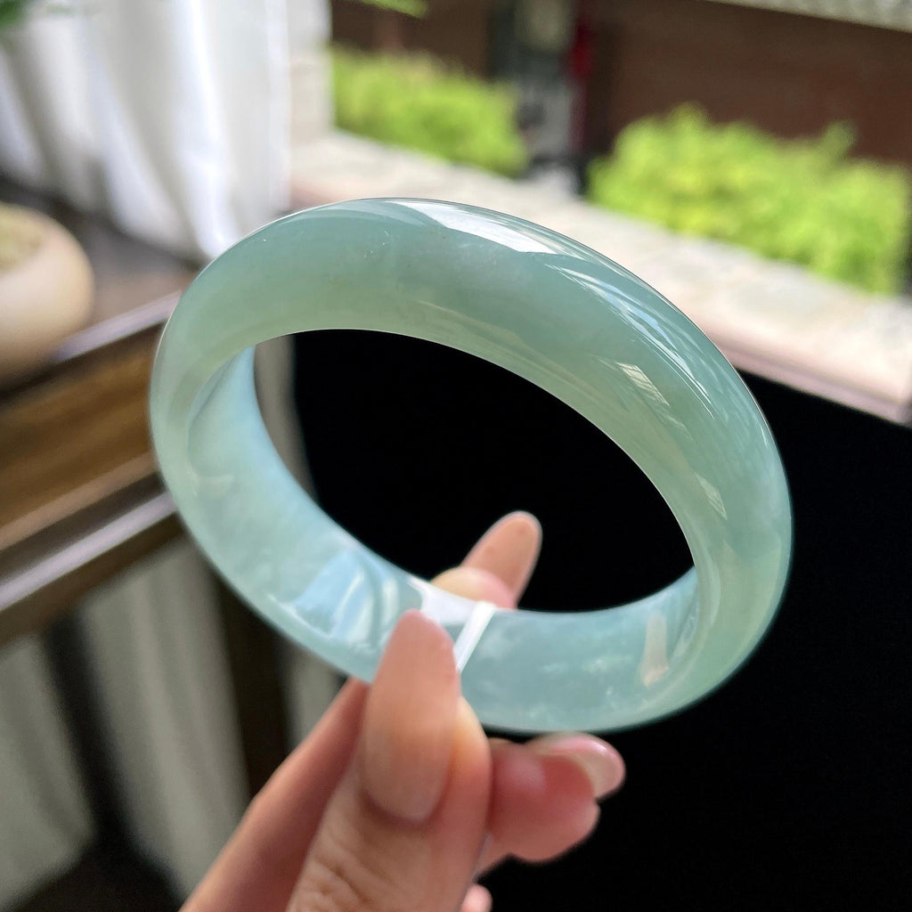 糯冰种冰蓝水油青色宽版正圈平安镯 57圈 天然缅甸A货翡翠（yc693183）