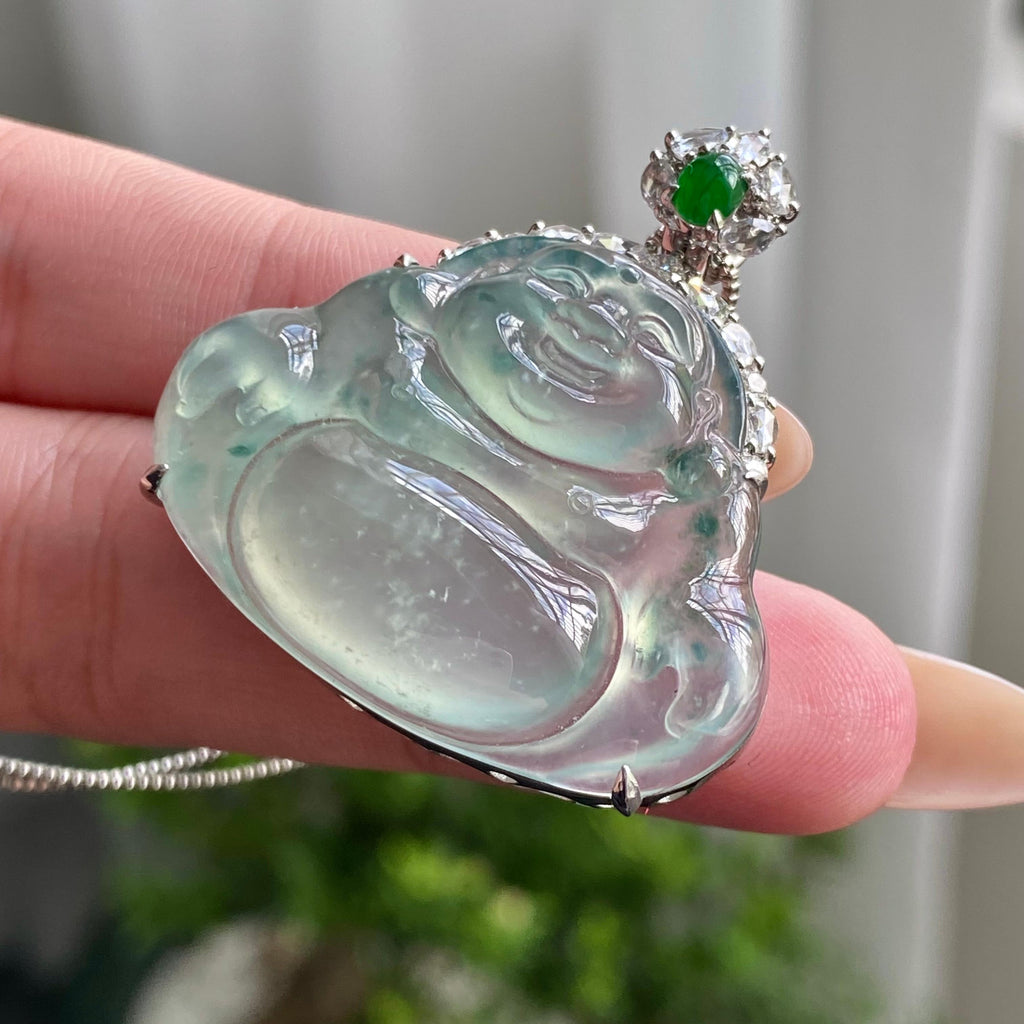 18k金钻镶高冰种飘花佛公吊坠（yc206341）