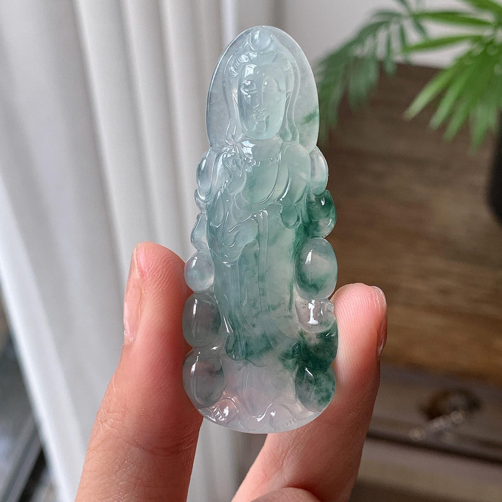 糯冰种 飘花观音吊坠 天然缅甸A货翡翠（yc701125）