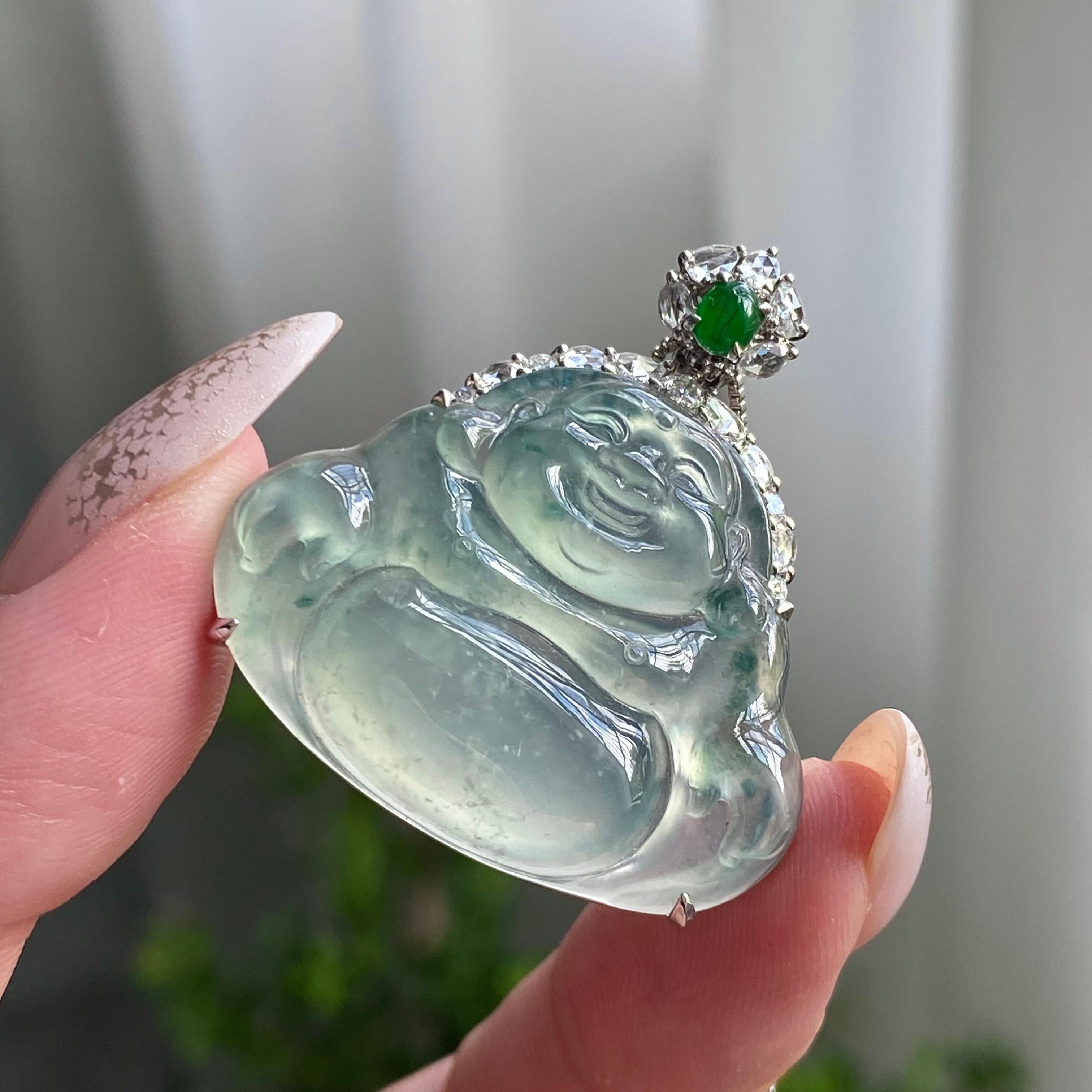 18k金钻镶高冰种飘花佛公吊坠（yc206341）