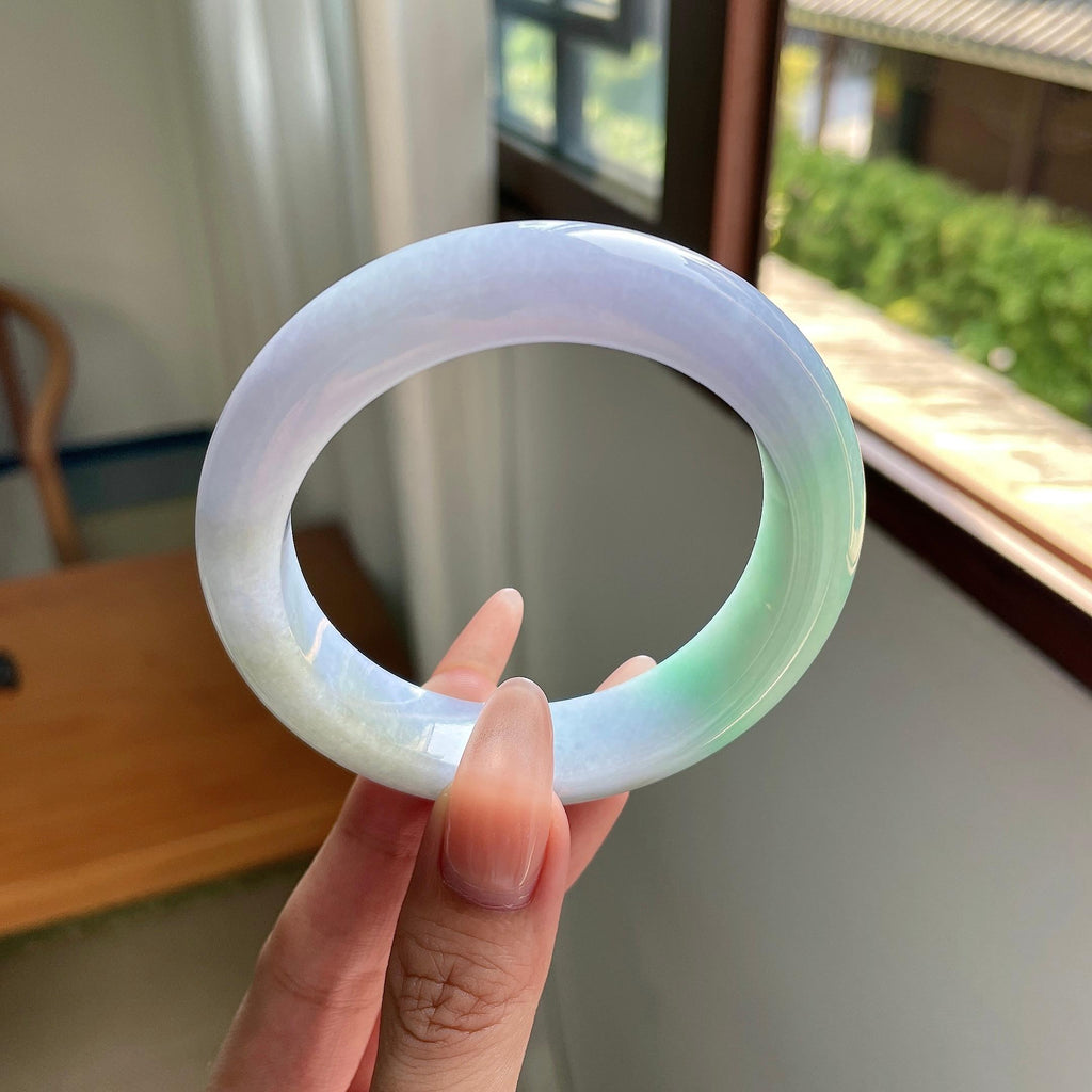 大圈口 细糯种春彩正圈平安镯 58.3圈口 天然缅甸翡翠A货翡翠（yc508703）