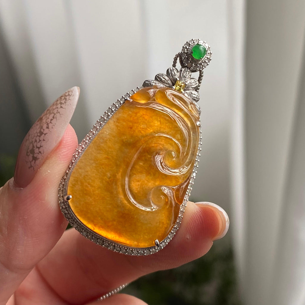 18k金钻镶冰种黄翡如意吊坠（yc206747）