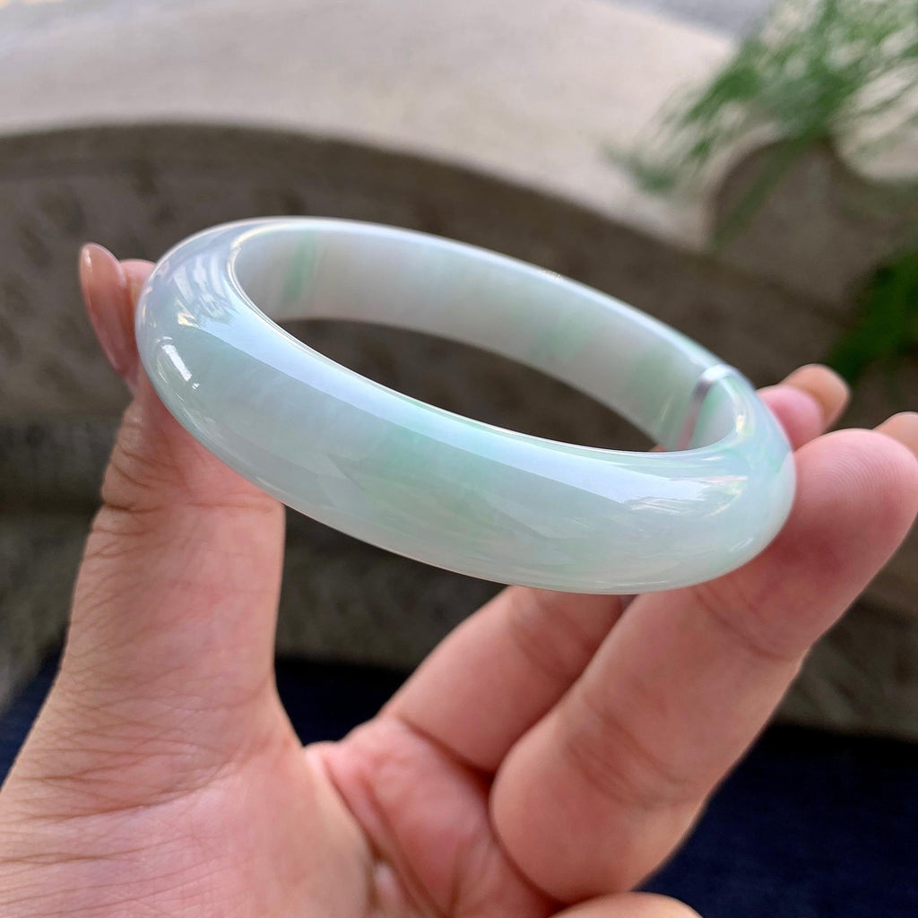 细糯种飘绿花正圈平安镯 54圈口 天然缅甸A货翡翠（yc508719）