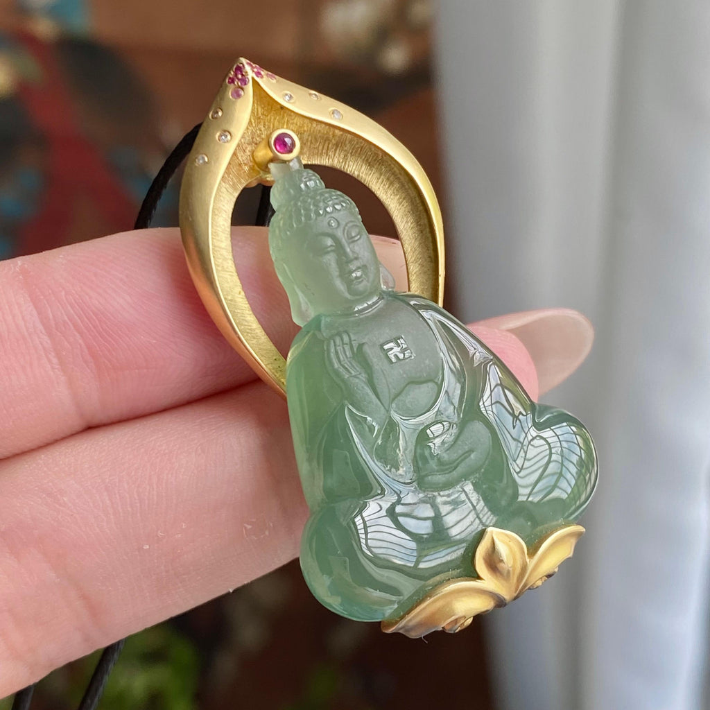 18k金镶冰种湖水绿观音吊坠（yc235110）