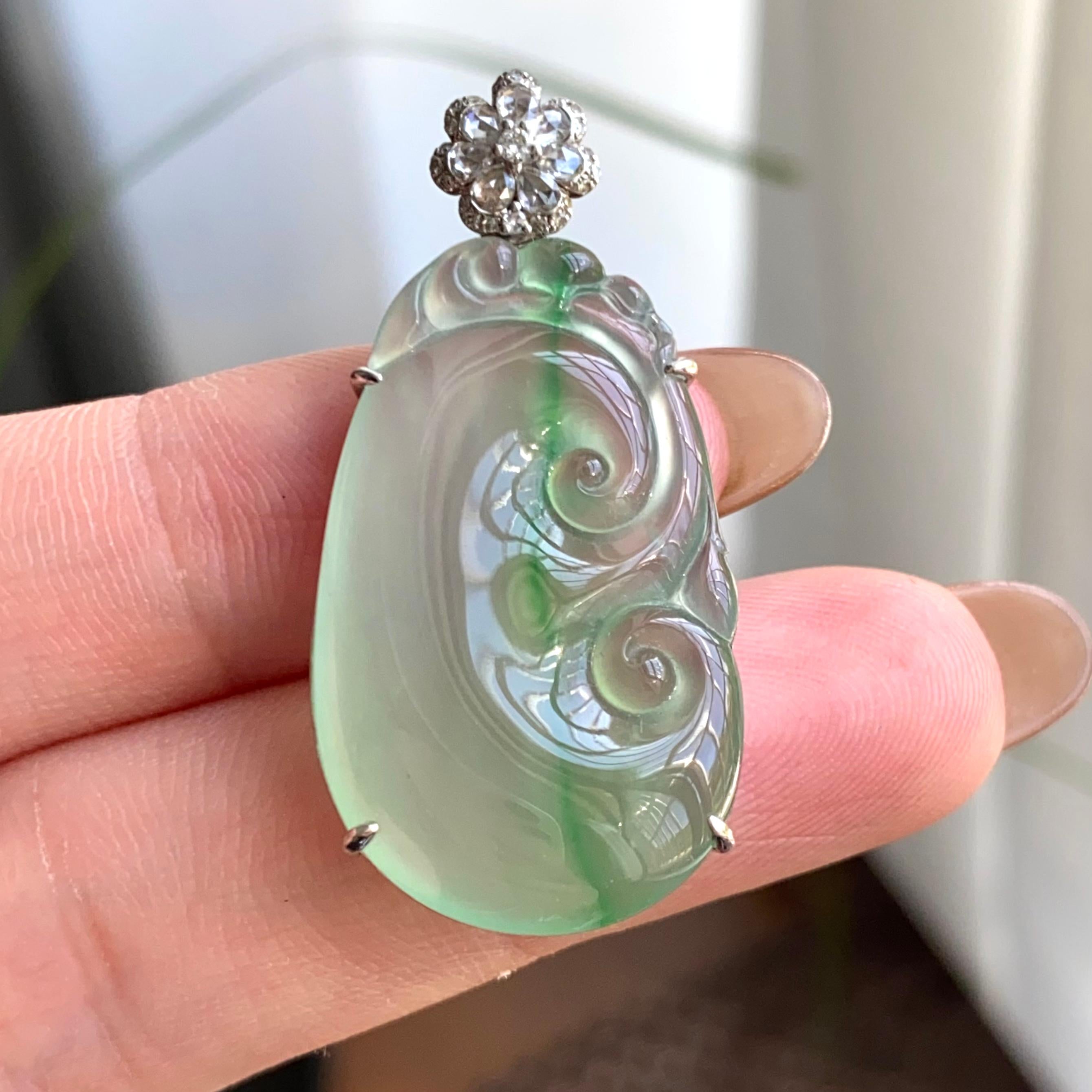 18k金钻镶冰种晴底金丝阳绿如意吊坠（yc263885）