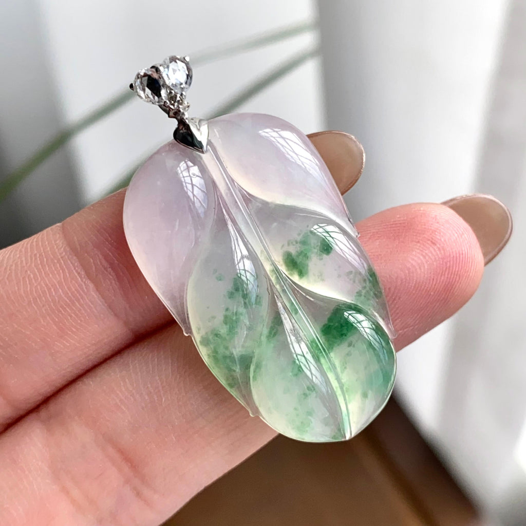 18k金钻镶冰种飘花玉叶吊坠（yc262716）