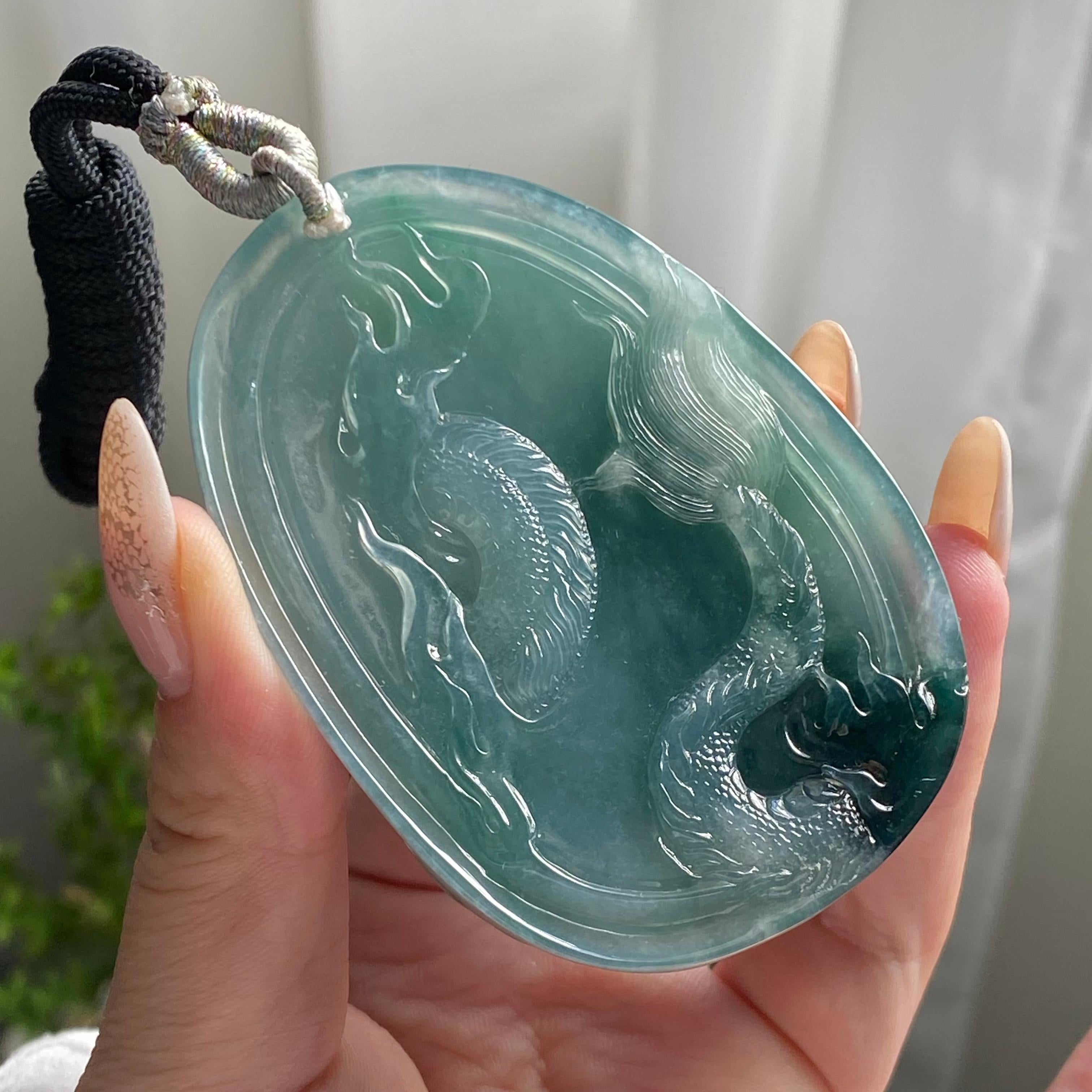 糯冰种蓝底神龙护主牌吊坠（yc214703）