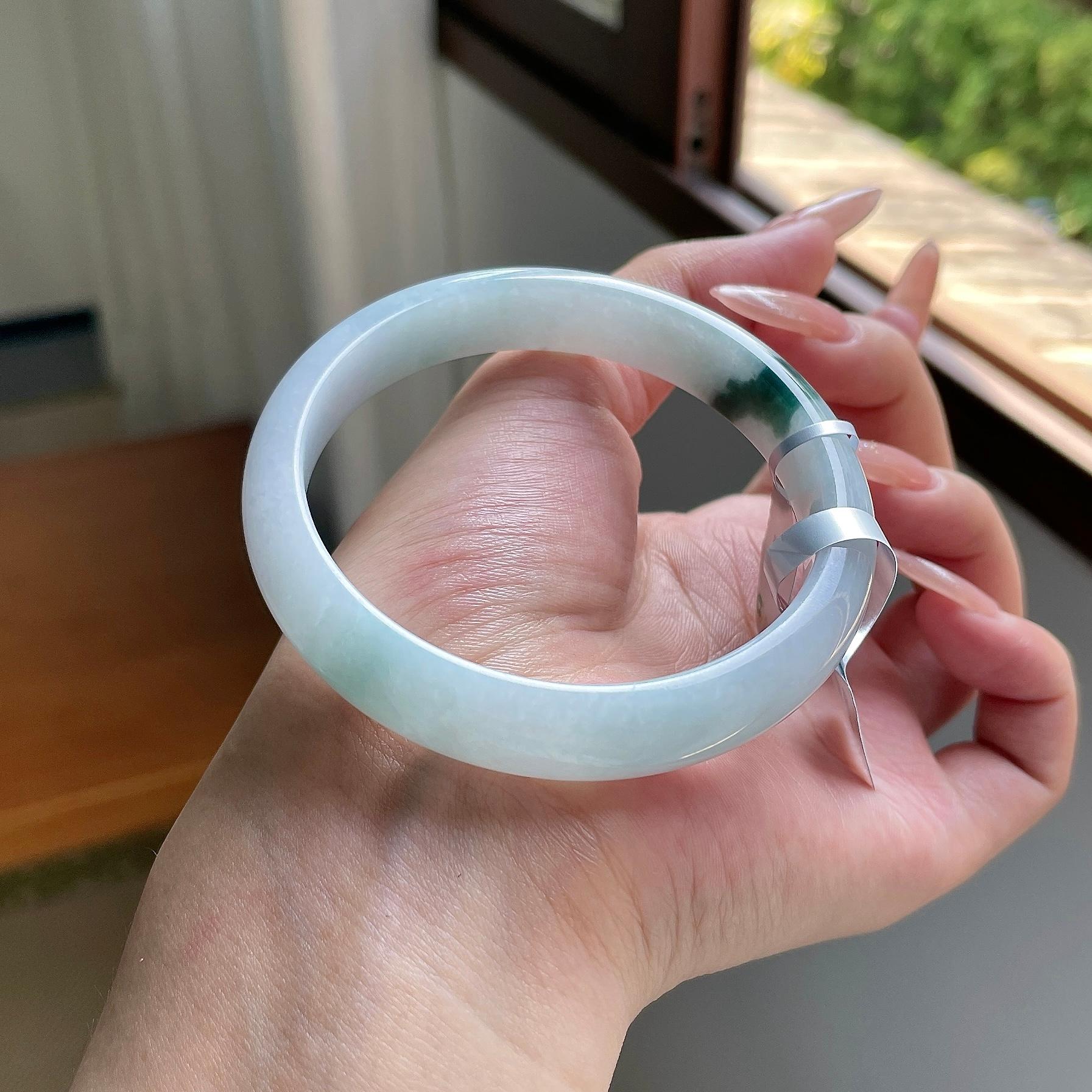 大圈口 糯种蓝飘花正圈平安镯 60圈口 天然缅甸货翡翠（yc508734）