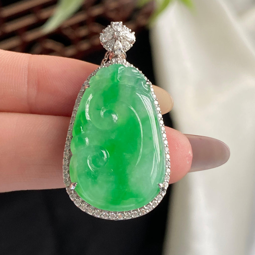 18k金钻镶冰种满绿如意吊坠（yc197330）