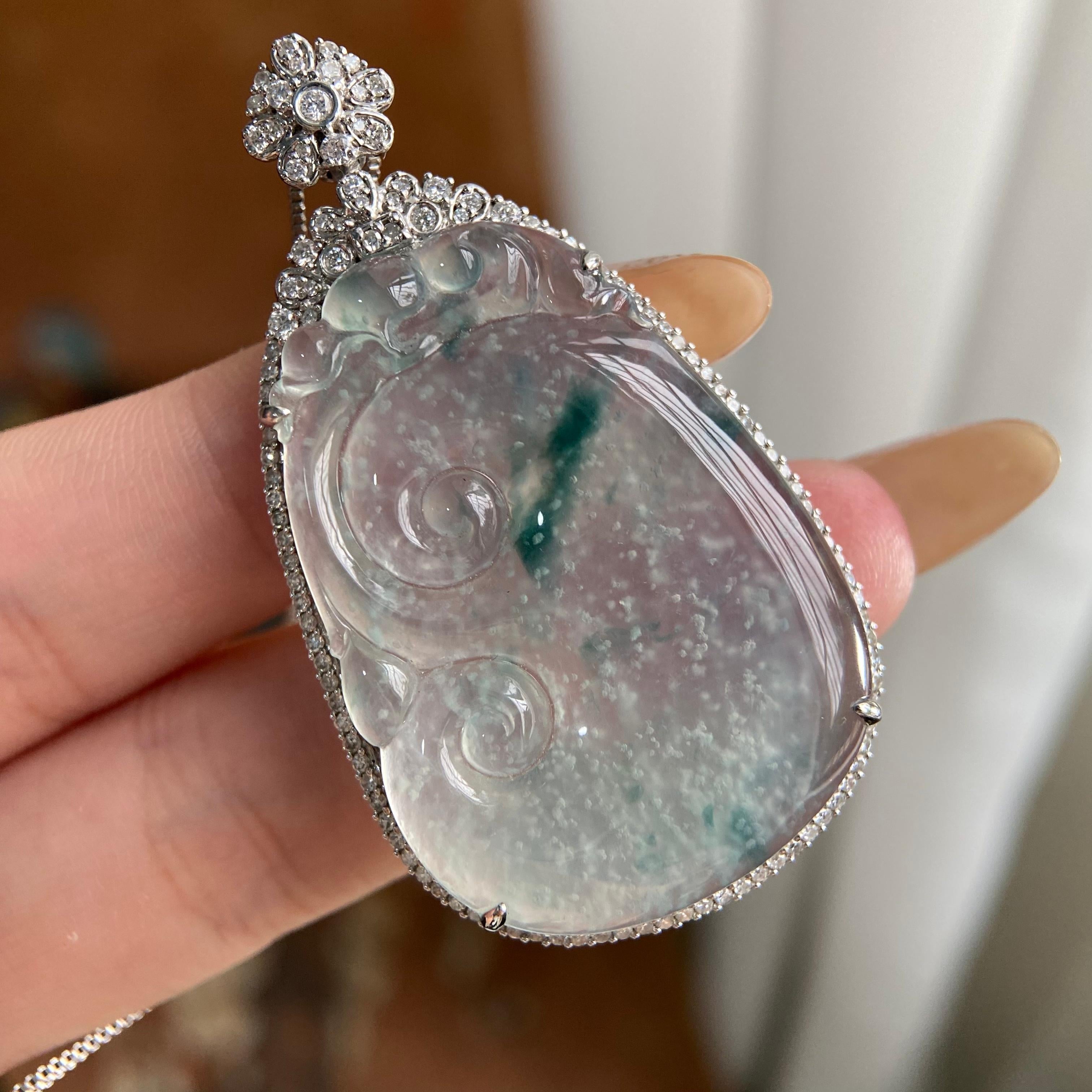 18k金钻镶冰种雪花棉飘花如意吊坠（yc223928）