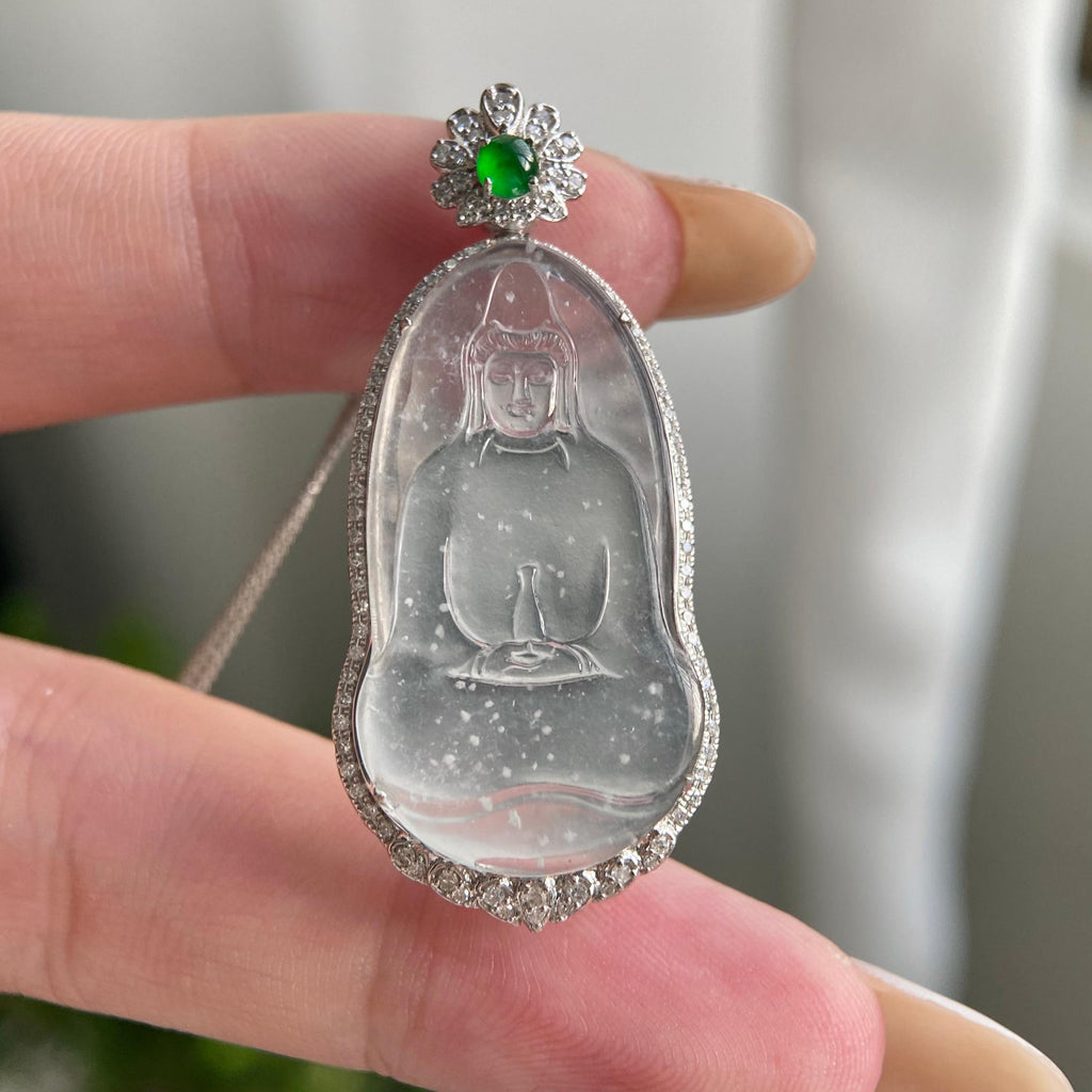 18k金钻镶玻璃种雪花棉观音吊坠（yc216841）