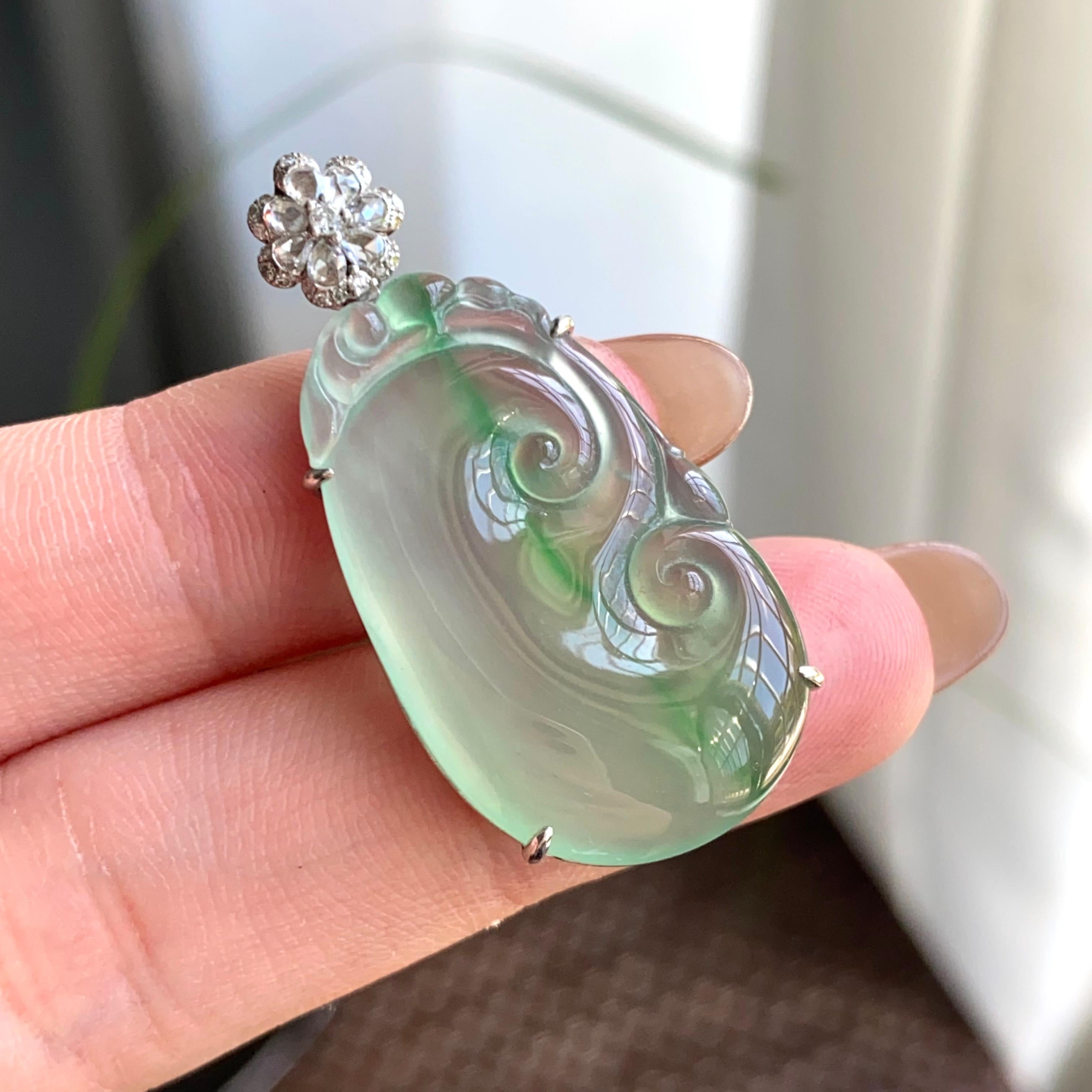 18k金钻镶冰种晴底金丝阳绿如意吊坠（yc263885）