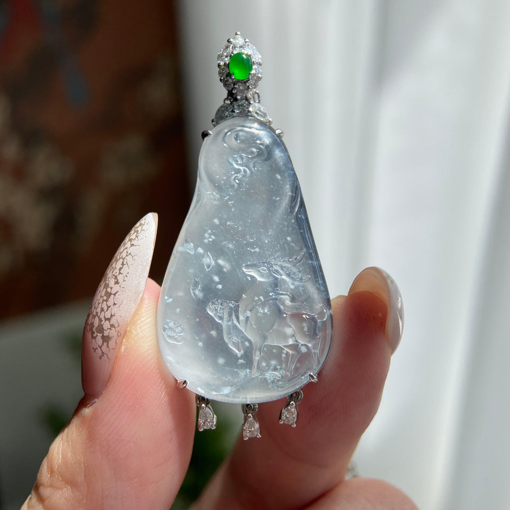 18k金钻镶冰玻种雪花棉小鹿吊坠（yc209963）