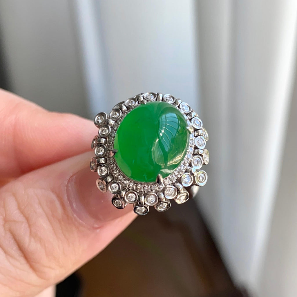 18k金钻镶冰种满绿蛋面戒指（yc264994）