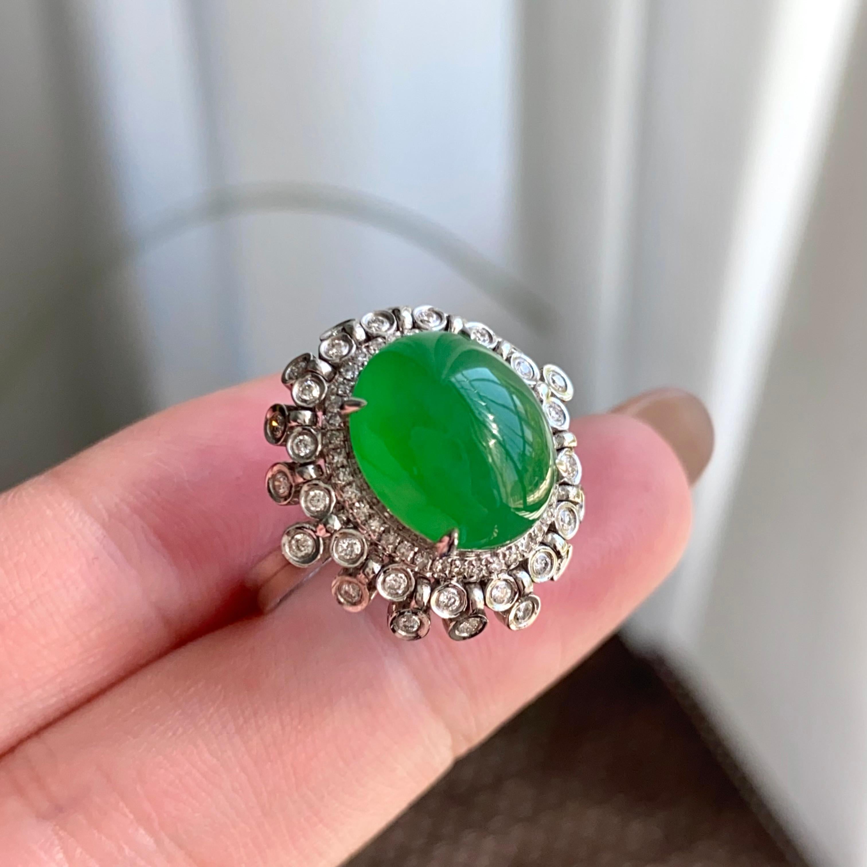 18k金钻镶冰种满绿蛋面戒指（yc264994）