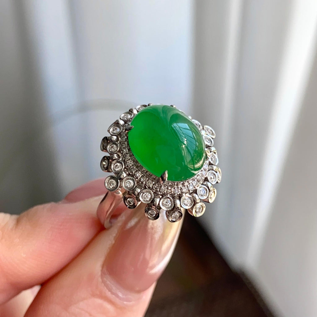 18k金钻镶冰种满绿蛋面戒指（yc264994）