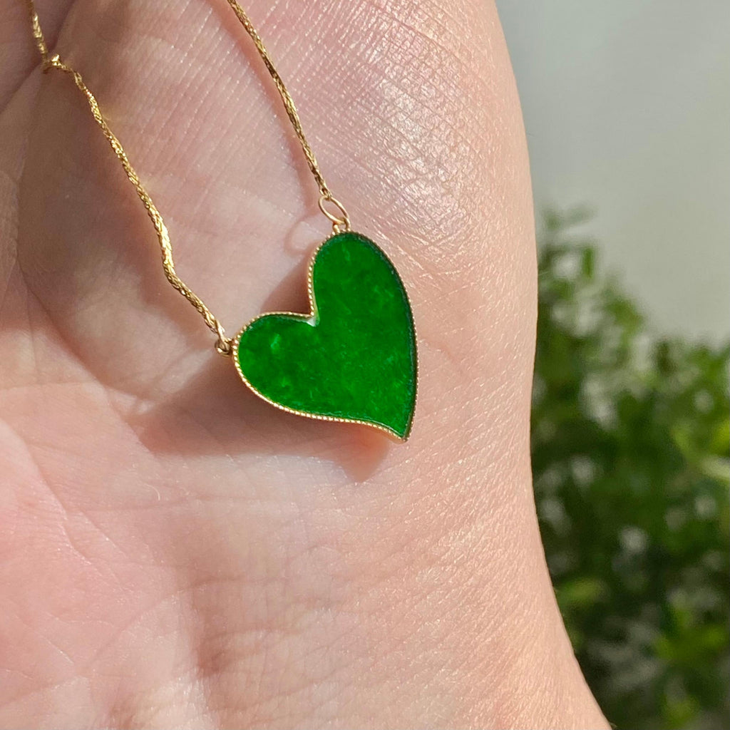 18k金镶糯冰种心形辣绿吊坠（yc216767）