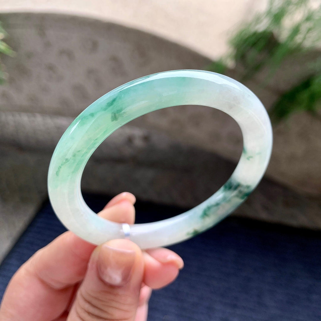 细糯种飘蓝花圆条手镯 52.5圈口 天然缅甸A货翡翠（yc703306）
