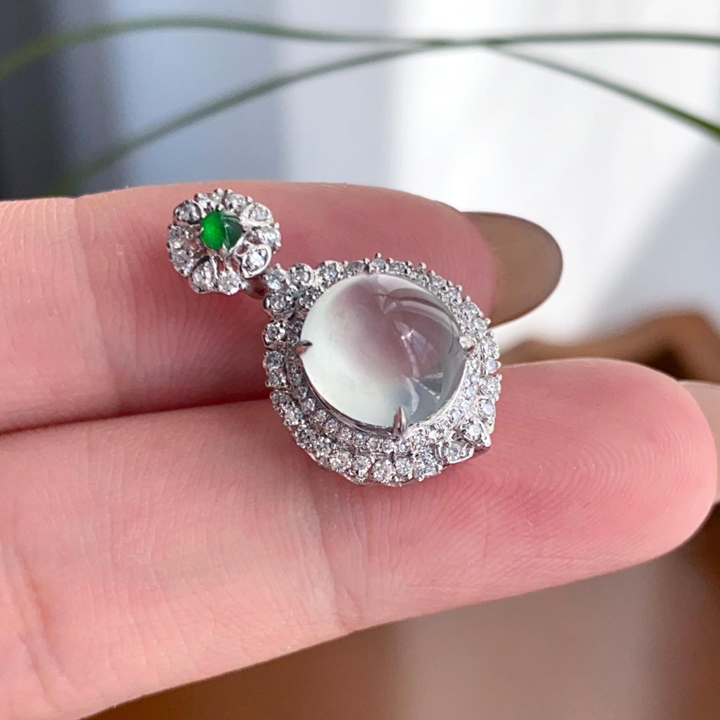 18k金钻镶冰玻种白月光蛋面吊坠（yc256162）