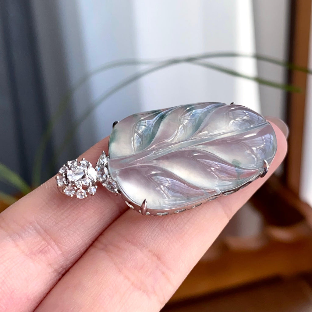 18k金钻镶冰种飘花玉叶吊坠（yc256099）