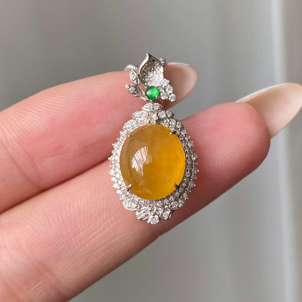 18k金钻镶冰种黄翡蛋面吊坠（yc204916）