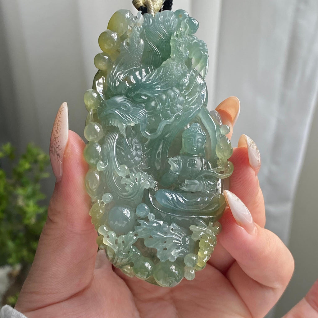 糯冰种双彩神龙护主牌吊坠（yc214691）