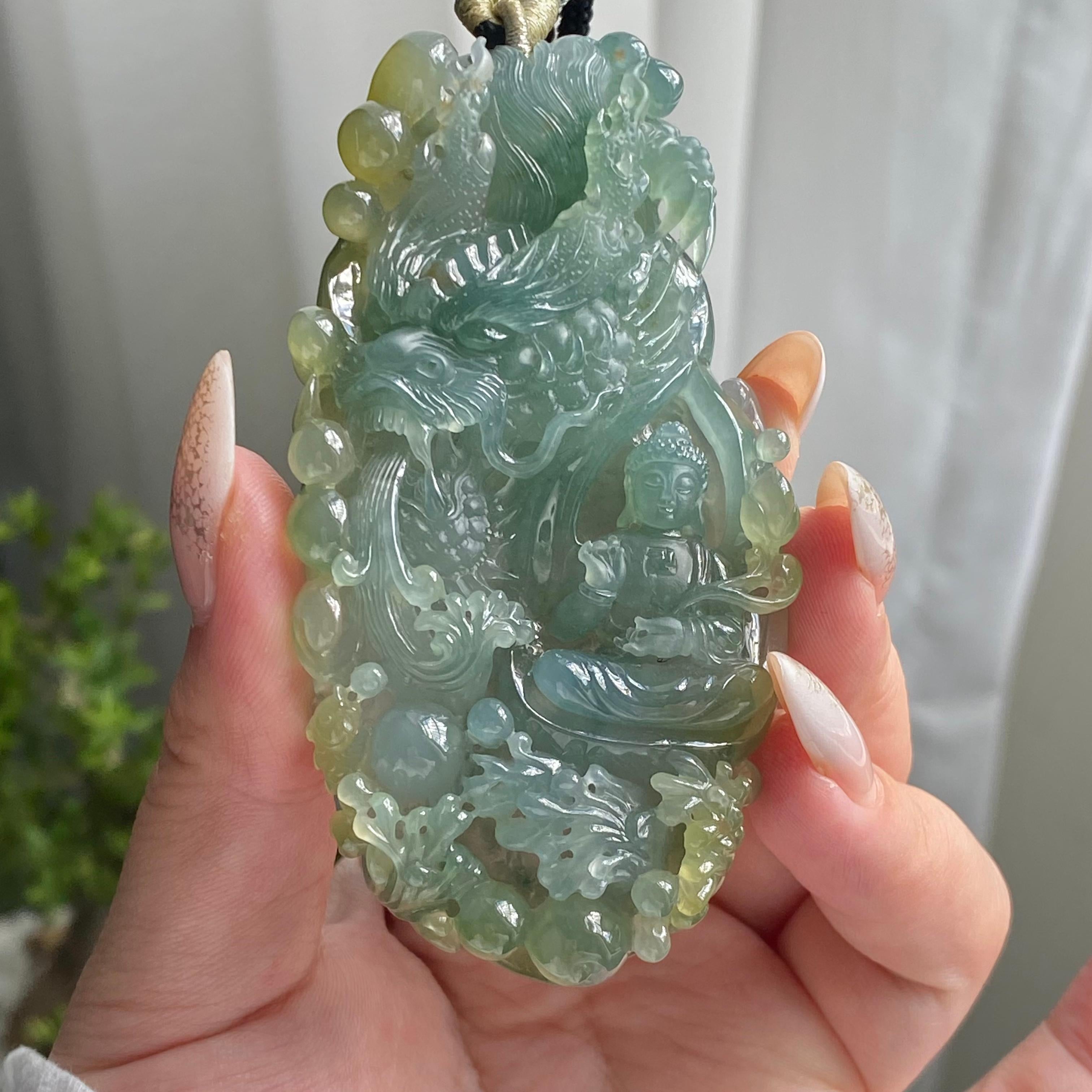 糯冰种双彩神龙护主牌吊坠（yc214691）