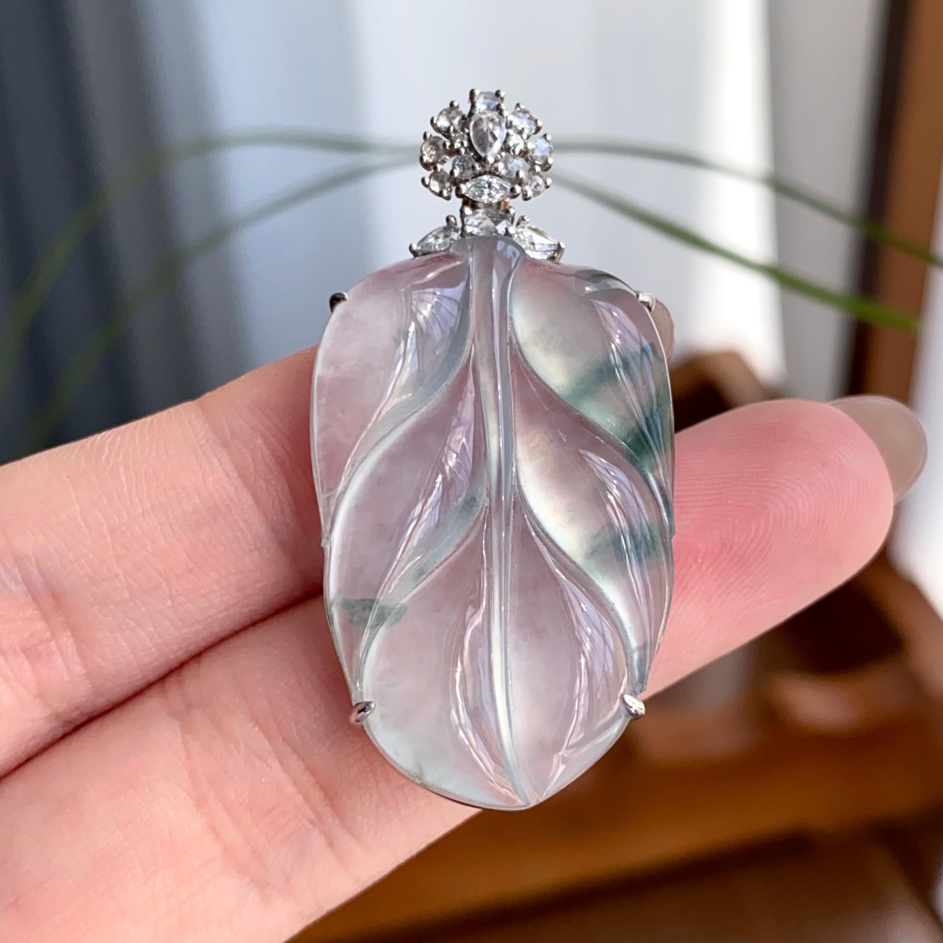 18k金钻镶冰种飘花玉叶吊坠（yc256099）