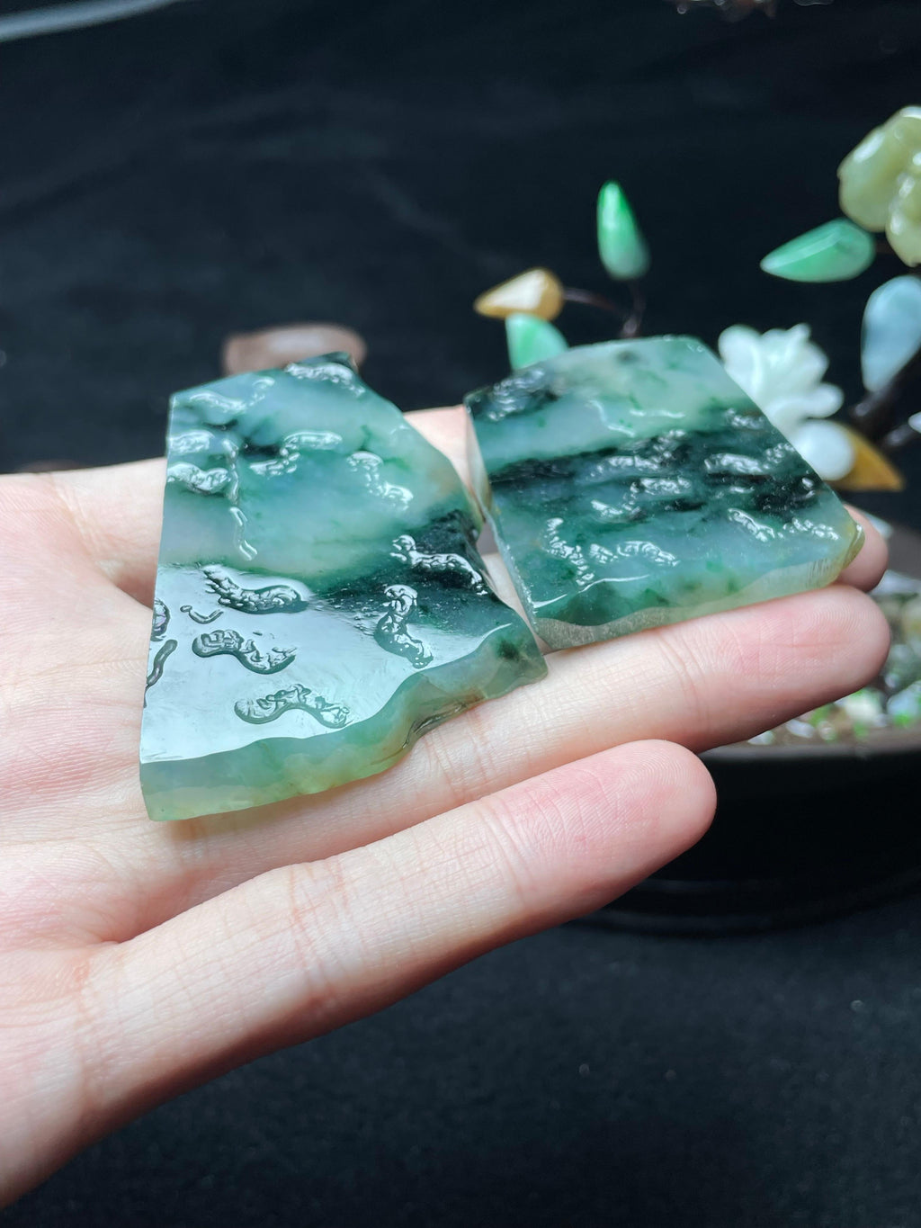 一对冰飘花牌子挂件料（yc521750）