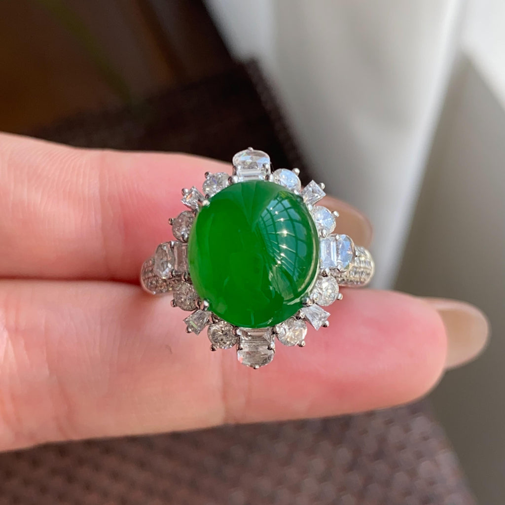 18k金钻镶冰种阳绿蛋面戒指（yc264995）