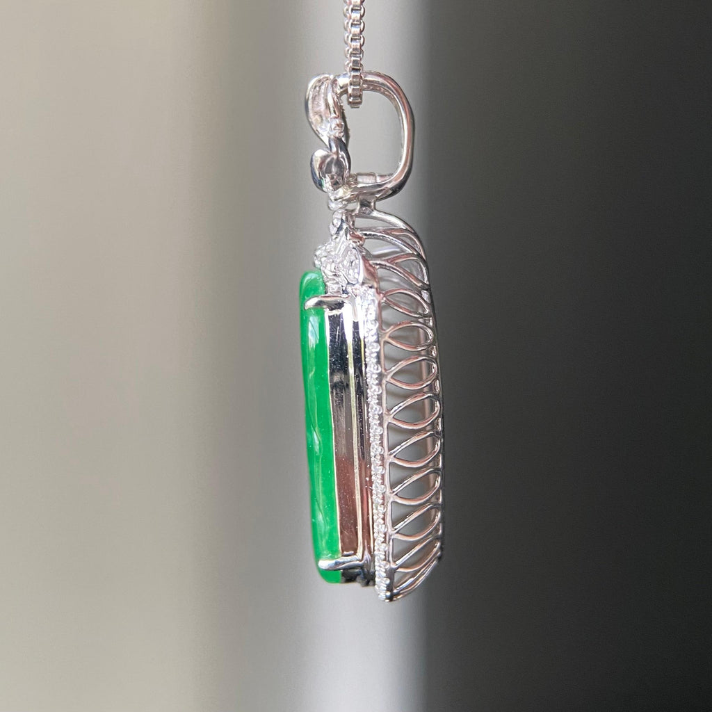 18k金钻镶糯冰种阳绿玉叶吊坠（yc216837）