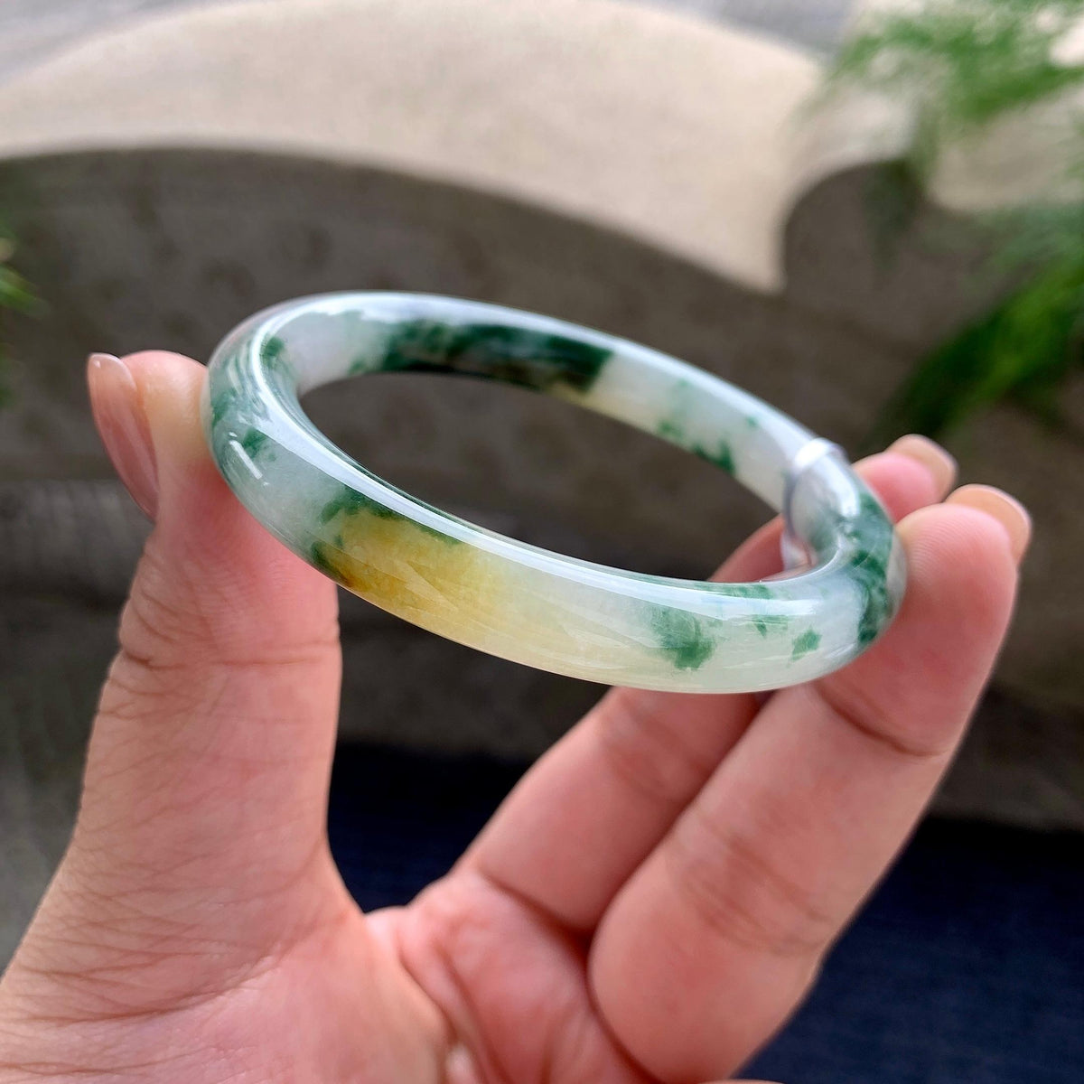 小圈口 细糯种黄翡飘蓝花圆条手镯 51.8圈口 天然缅甸A货翡翠（yc703338）