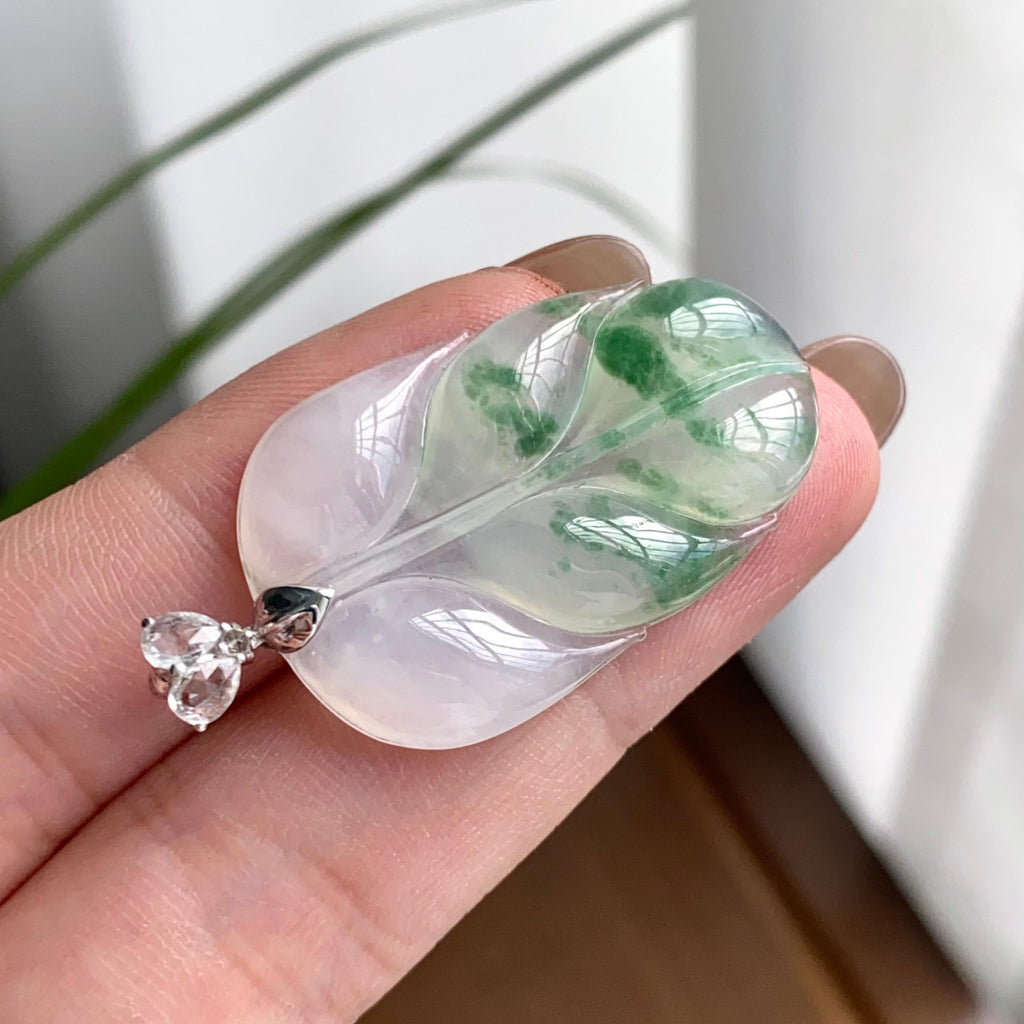 18k金钻镶冰种飘花玉叶吊坠（yc262716）