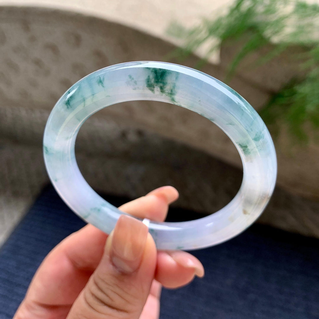 糯冰种紫罗兰飘蓝花圆条手镯 52.5圈口 天然缅甸A货翡翠（yc701199）