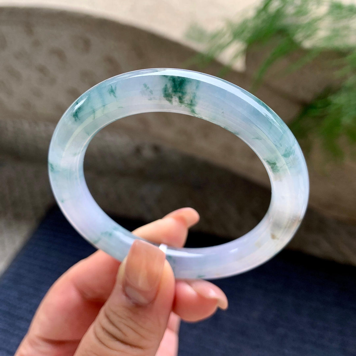 糯冰种紫罗兰飘蓝花圆条手镯 52.5圈口 天然缅甸A货翡翠（yc701199）