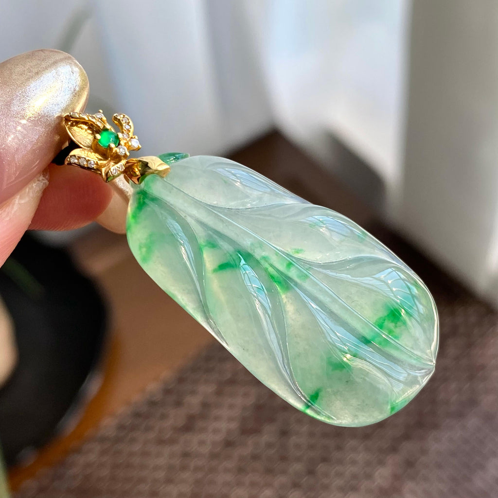 18k金钻镶冰种飘花玉叶吊坠（yc266215）