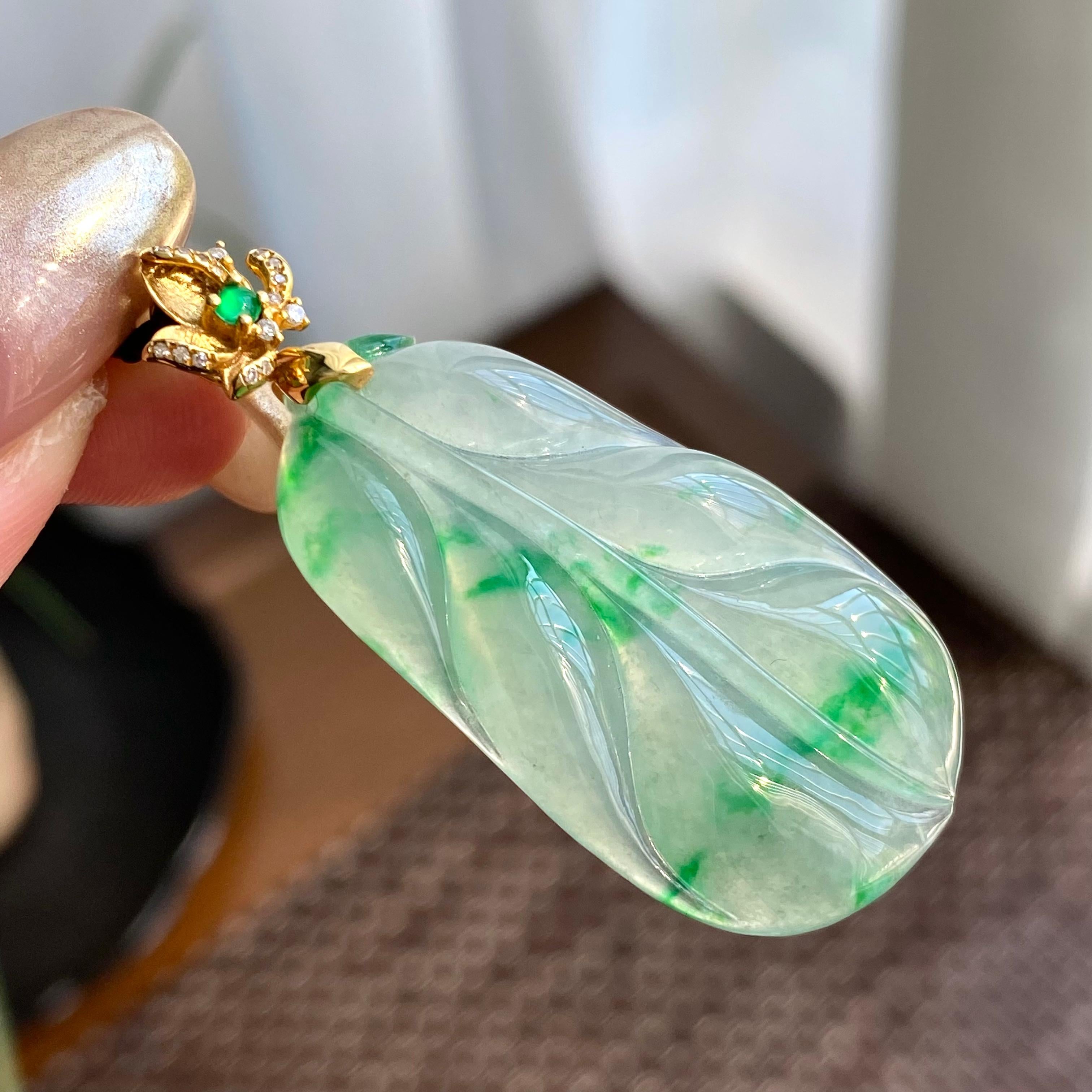 18k金钻镶冰种飘花玉叶吊坠（yc266215）