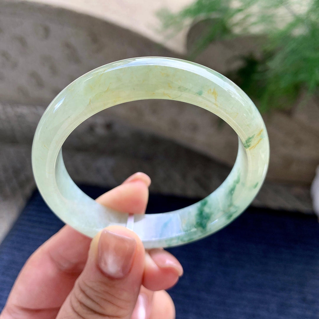 细糯种黄翡飘蓝花正圈平安镯 54.7圈口 天然缅甸A货翡翠（yc701235）