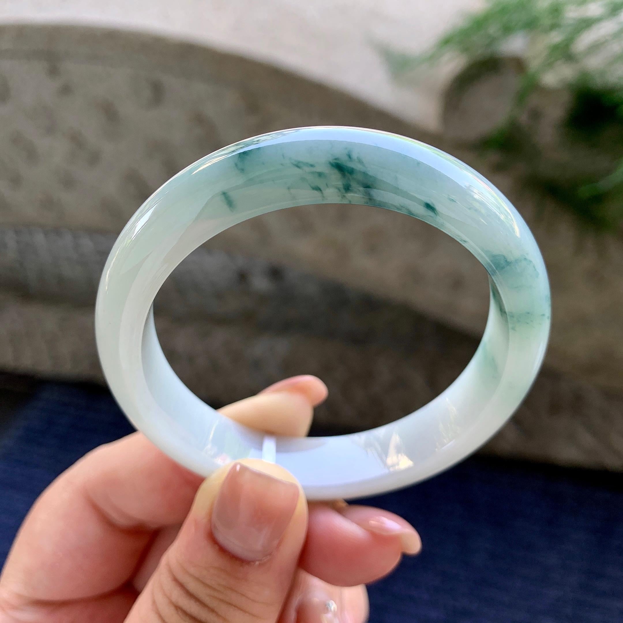 细糯种飘蓝花正圈平安镯 52圈口 天然缅甸A货翡翠（yc501089）