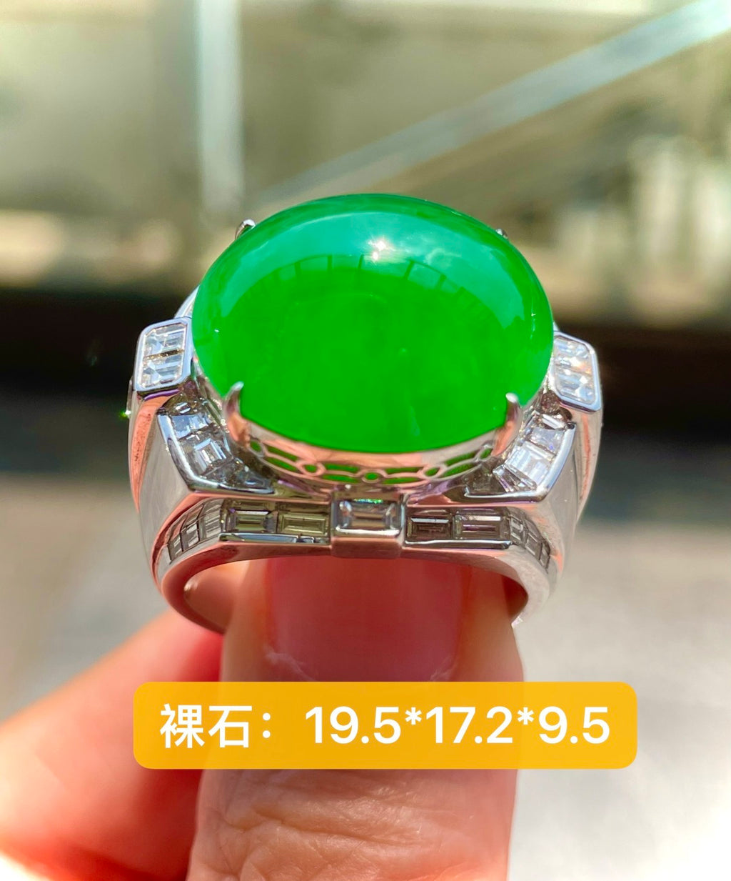 18K金镶冰种阳绿鸽子蛋男戒（wg0032630）