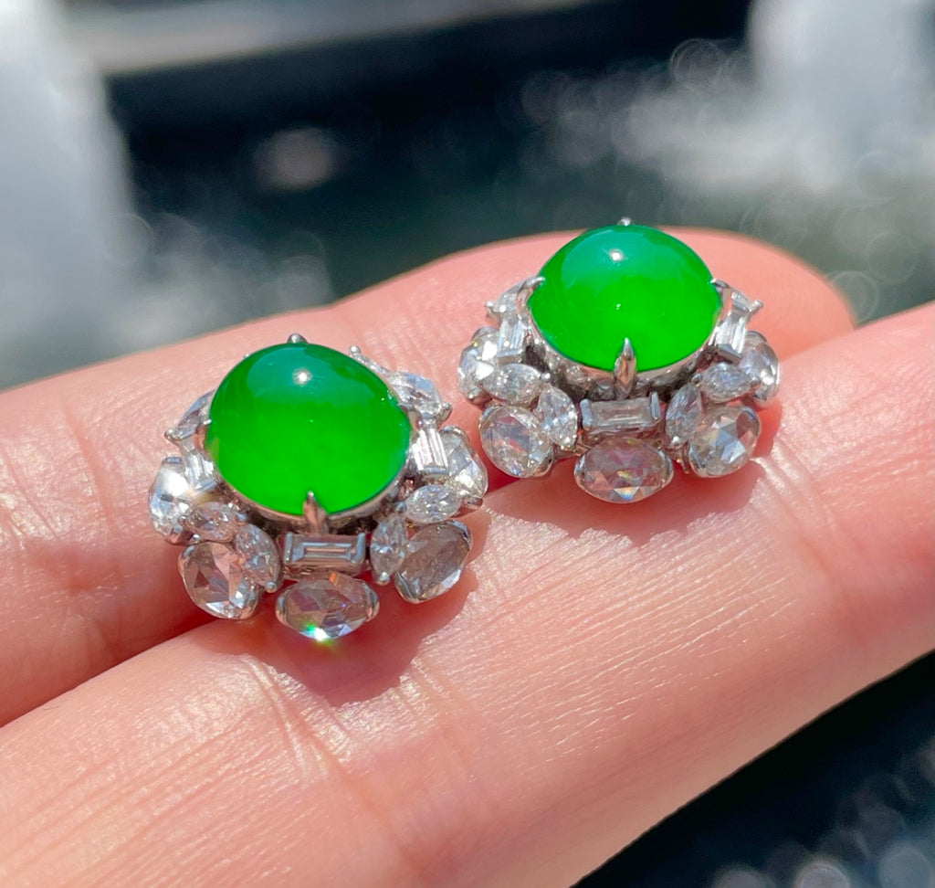 18K金钻镶冰种阳绿绿戒指＋耳钉套装（wg0033102）