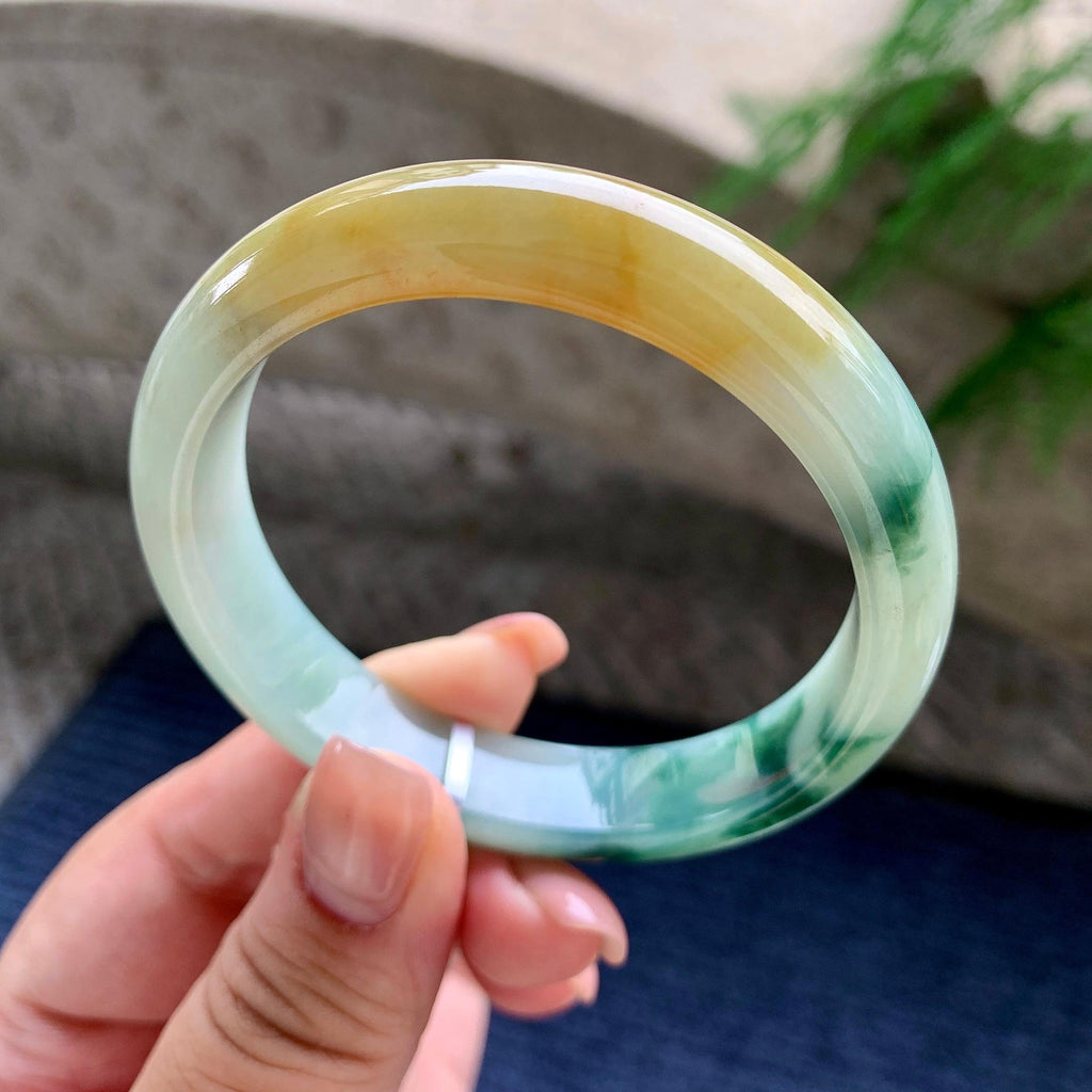 细糯种黄翡飘蓝花正圈平安镯 55圈口 天然缅甸A货翡翠（yc522666）