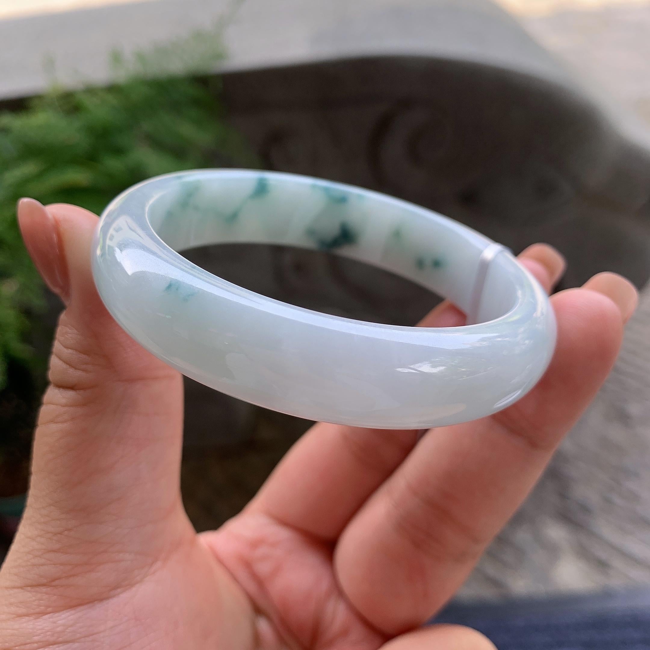 细糯种飘蓝花正圈平安镯 55圈口 天然缅甸A货翡翠（yc501360）